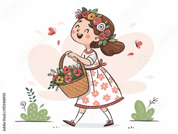 Obraz Create a bold, vector illustration of a flower girl, confidently holding a bouquet of vibrant flowers.  The style should be clean and modern.