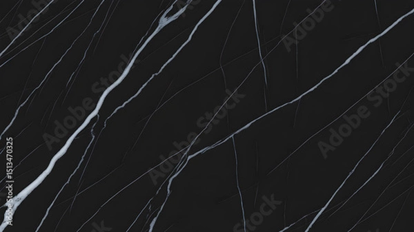 Fototapeta Full-frame 2D black marquina marble slab with clean, fine white veins on a matte black surface.