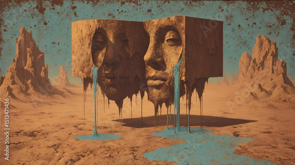 Fototapeta book art for dream interpretation | self-aware illusion | symbolic dread | burnt sienna and cyan | recursive frame composition | distorted faces | dripping time deformation | melting form modeling |