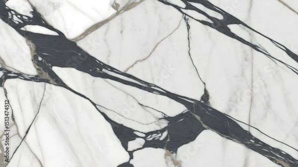 Fototapeta Full-frame 2D slab of Calacatta Lincoln marble with sharp diagonal charcoal veins over cool white.