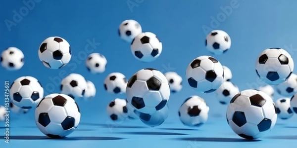 Fototapeta Floating Soccer Balls on a Blue Background