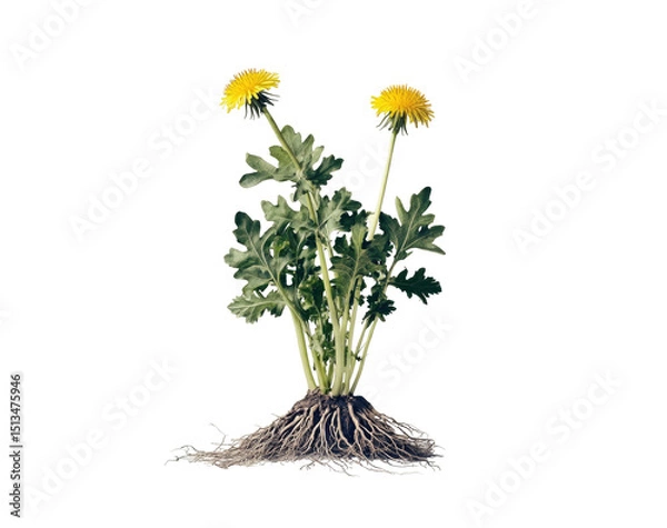 Fototapeta Dandelion plant with vibrant yellow flowers and a deep root system