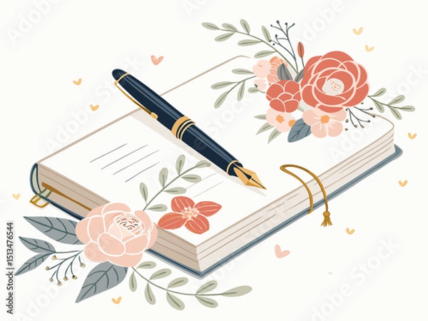 Obraz Design a bold, vector illustration of a wedding guestbook, emphasizing its elegant, thick stroke style.  Include realistic details like a bound book and blank pages.