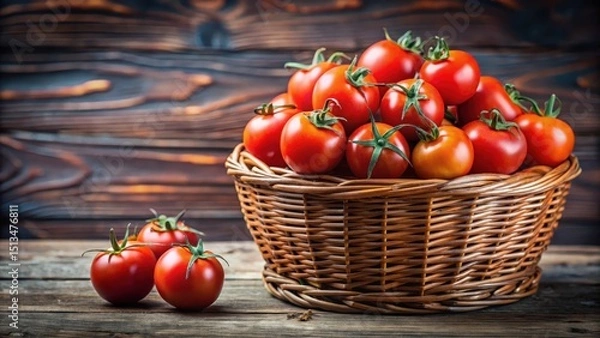 Fototapeta Fresh red tomatoes piled high in a wicker basket