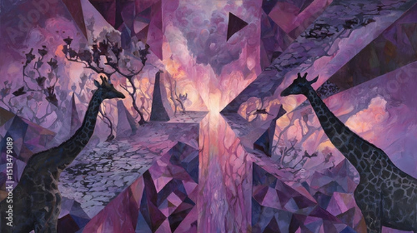 Fototapeta poster for avant-garde exhibition | spiritual distortion | dreamlike confusion | copper light and shadow purple | asymmetric depth fold | burning giraffes | dripping time deformation | hyper-defined