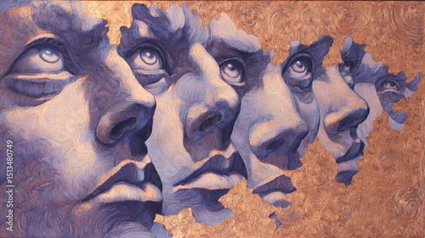 Fototapeta magazine visual on subconscious | self-aware illusion | lucid paranoia | copper light and shadow purple | recursive frame composition | distorted faces | temporal liquefaction | symbolic shadow
