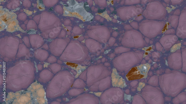 Fototapeta Full-frame 2D slab of rich purple Sarrancolin with scattered ochre, grey, and blue marble patches.