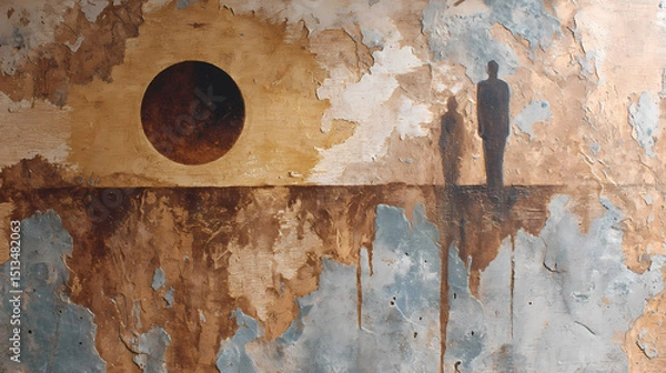 Fototapeta art journal feature on inner fear | time disintegration | symbolic dread | sun-bleached surreal tones | recursive frame composition | floating figures | dripping time deformation | symbolic shadow