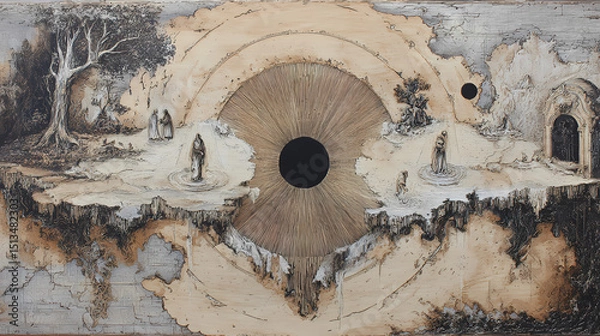 Obraz art journal feature on inner fear | time disintegration | symbolic dread | sun-bleached surreal tones | recursive frame composition | floating figures | dripping time deformation | symbolic shadow