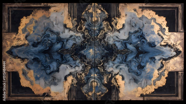Fototapeta visual identity for art film | obsessive memory | psychic unease | gold ochre and midnight blue | asymmetric depth fold | mirrored desert | dripping time deformation | hyper-defined edges | inner