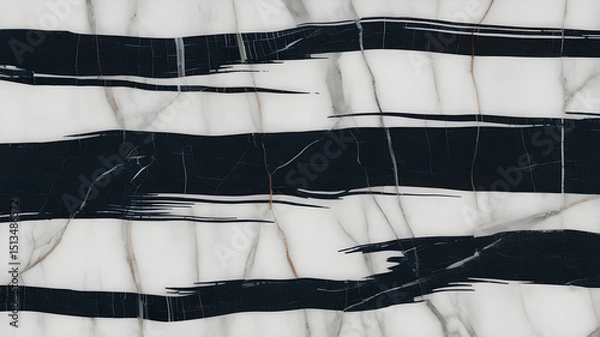 Fototapeta Full-frame 2D Panda White marble slab with bold black brushstroke-like stripes across a clean white background.