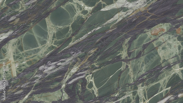 Fototapeta Full-frame 2D slab of Breccia Capraia marble featuring complex web-like veins in green, grey, and purple tones.