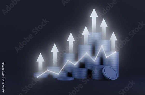 Fototapeta Money saving business concept. coin stack with growing business graph arrow of success financial. economic market chart digital stock currency strategy wealth management . 3d rendering.