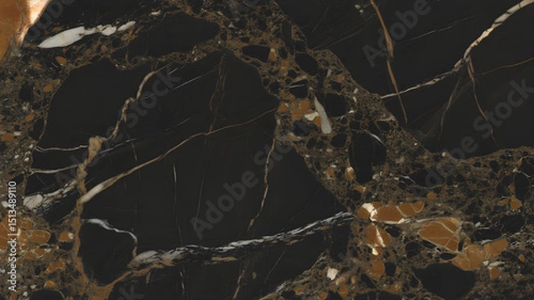 Fototapeta Full-frame 2D Portoro marble slab with a deep black base and intense golden vein structure.