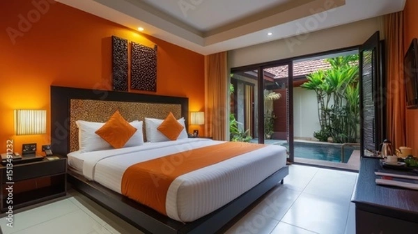 Fototapeta A hotel room with a comfortable bed, neatly arranged for guests.