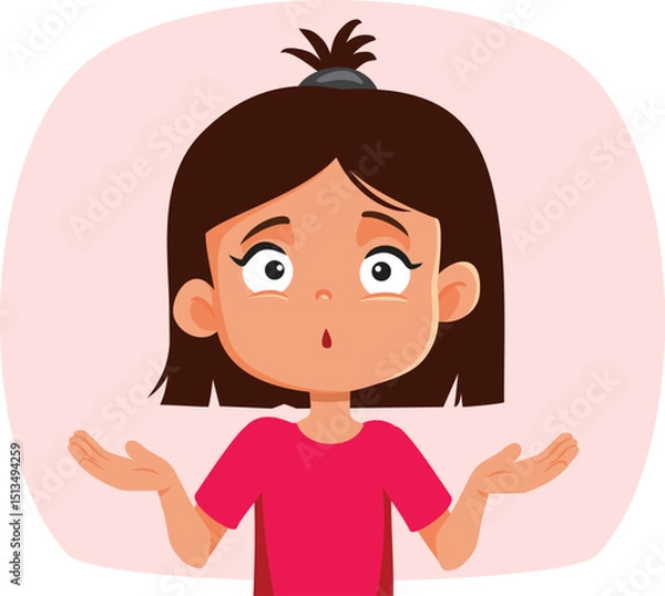 Fototapeta Little Girl Shrugging Feeling Indecisive Vector Character. Small child not knowing what to do feeling puzzled and curious