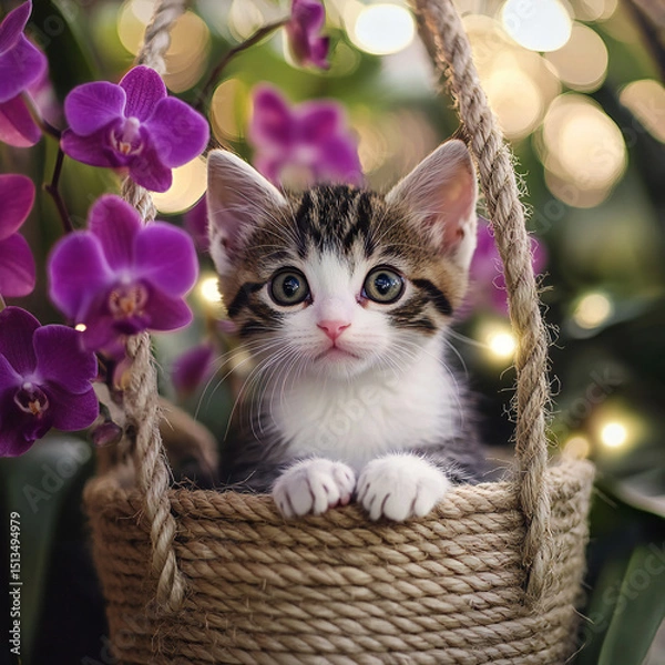 Obraz Adorable Tabby and White Kitten with Big Eyes in Rope Basket Surrounded by Purple Orchids – Cute Pet Portrait with Floral Background and Bokeh Lights