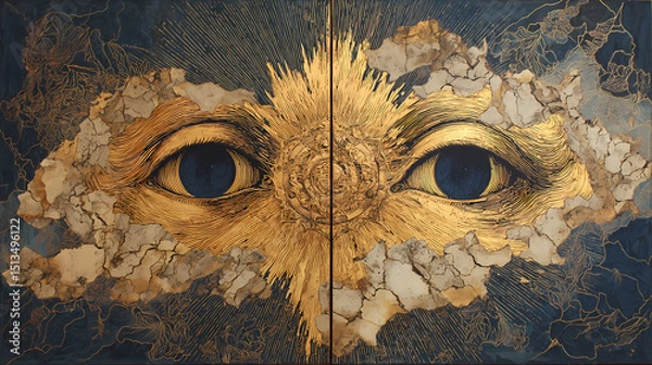 Fototapeta magazine visual on subconscious | dislocated psyche | symbolic dread | gold ochre and midnight blue | asymmetric depth fold | cracked earth | reflected impossibility | symbolic shadow casting | inner