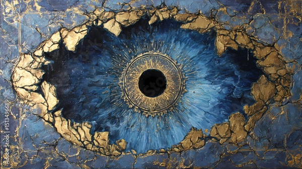 Fototapeta magazine visual on subconscious | dislocated psyche | symbolic dread | gold ochre and midnight blue | asymmetric depth fold | cracked earth | reflected impossibility | symbolic shadow casting | inner