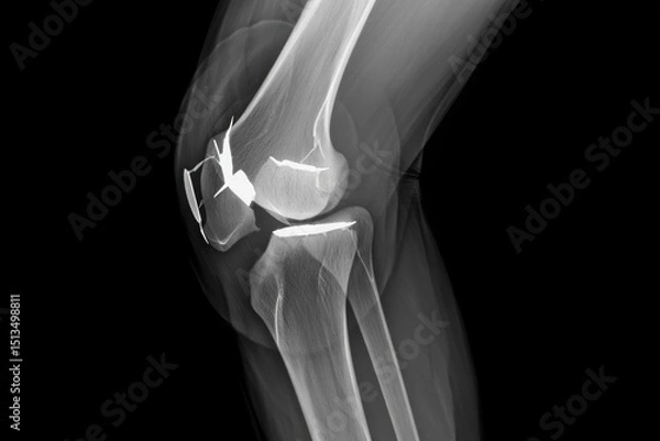 Obraz X-ray image of fractured human knee joint - medical diagnosis and orthopedic analysis