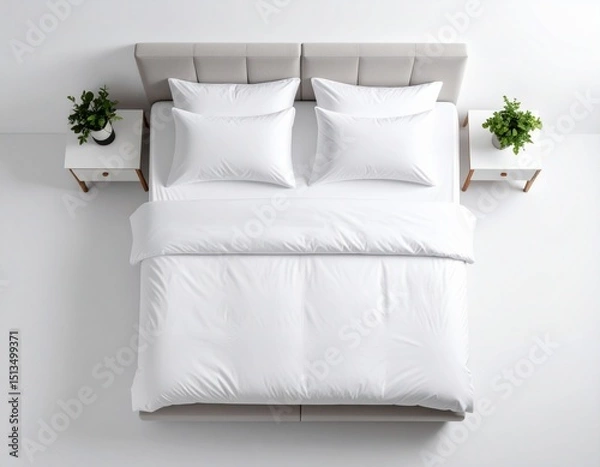 Fototapeta Top view of double bed with headboard white background.