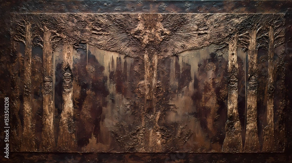 Fototapeta editorial on mythic abstraction | forest of memory | primordial awe | sepia stained earth tones | symbolic symmetry | forest metamorphosis | abstract erosion layers | frottage | dream conflict