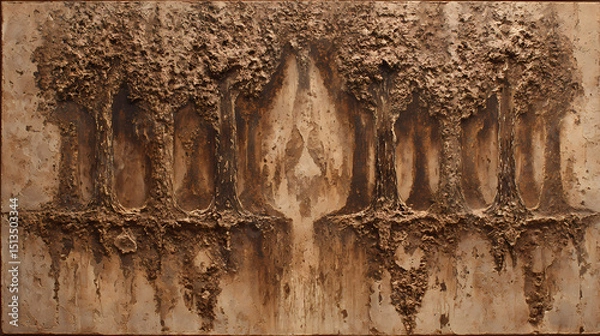 Fototapeta editorial on mythic abstraction | forest of memory | primordial awe | sepia stained earth tones | symbolic symmetry | forest metamorphosis | abstract erosion layers | frottage | dream conflict