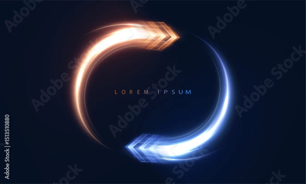 Obraz Circular motion element with glowing orange and blue light arrows forming a loop on dark background. Concept of data flow, process rotation, futuristic cycles, and digital transitions.

