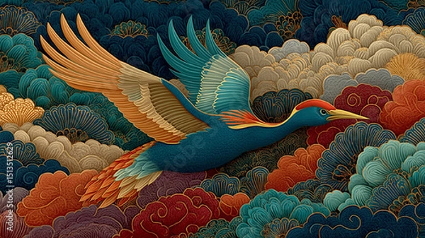 Fototapeta 色とりどりの雲と共に空を舞う幻想の鳥が和の世界観を演出する雅なイラスト素材｜和モダンデザインや装飾にも最適