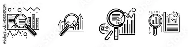 Fototapeta Vector icons representing data analysis and research, showcasing magnifying glasses over charts and graphs