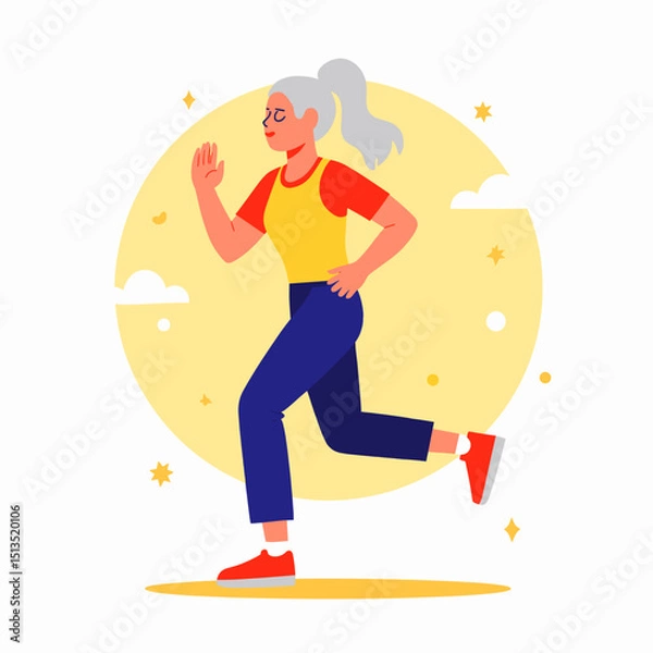Fototapeta Active woman jogging with a joyful expression against a sunny background  
