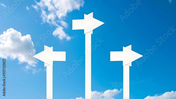 Obraz Three White Arrow Signs Pointing in Different Directions Against Blue Sky

