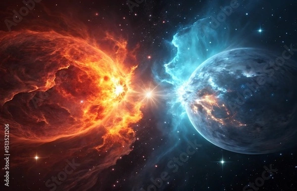Fototapeta Cosmic Collision A Fiery Nebula Meets an Ice Planet in a Spectacular Display of Interstellar Energy and Light Set Against a Starry Backdrop