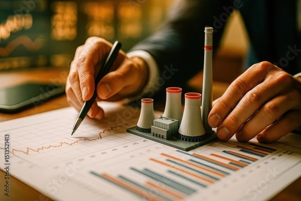 Fototapeta Drawing energy forecast line next to nuclear plant model on paper graph for strategic planning
