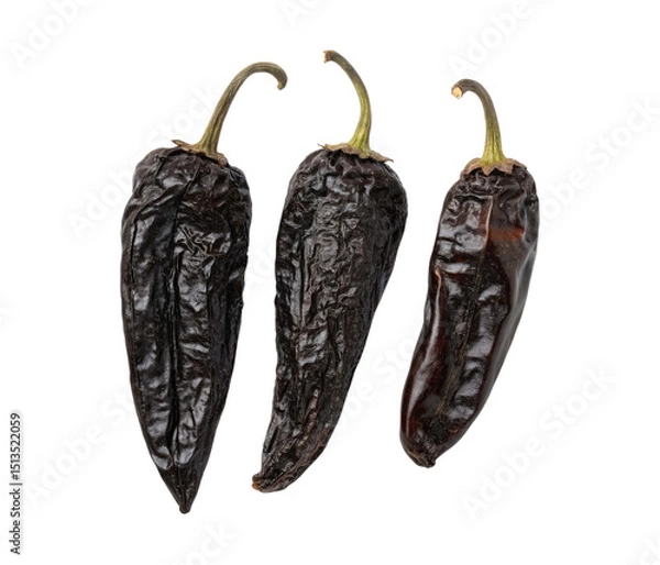 Obraz Three black dried Poblano Ancho chilies isolated on a transparent background png food design