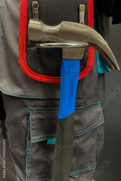 Fototapeta Close-up of tool belt and a hammer on a male construction worker. The concept of repair and construction