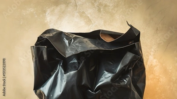 Obraz Crumpled Black Trash Bag Against Textured Wall Background

