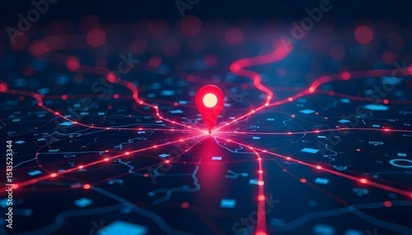 Obraz Red Map Marker Highlighting a Digital Connection Network

