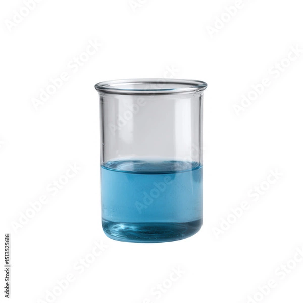 Obraz A clear glass beaker filled with blue liquid, isolated on a white background. Ideal for educational and laboratory-related projects.
