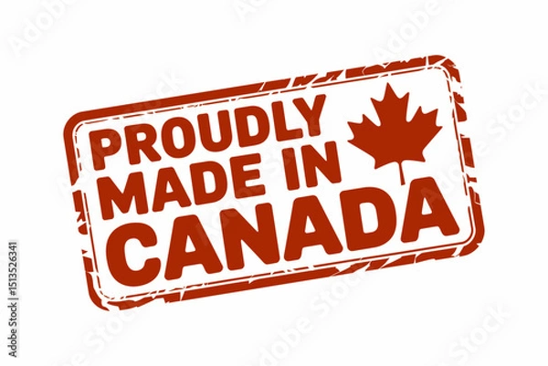 Fototapeta A bold red stamp features the words Proudly Made in Canada alongside a maple leaf, emphasizing Canadian origin.
