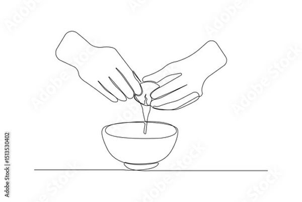 Obraz Continuous single-line art drawing of hands cracking raw egg into a bowl. Cracked Egg outline vector isolated on white background