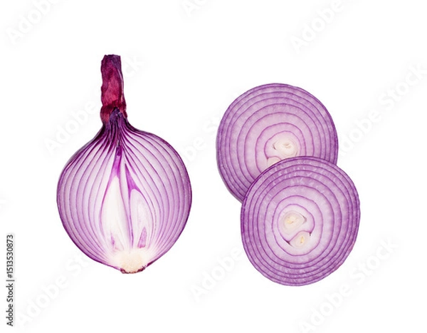 Obraz Red onion slices isolated on a white background, contour.