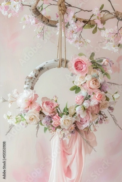 Fototapeta Pastel Floral Wreath Suspended from Branch with Pink Drape Against Soft Pink Backdrop