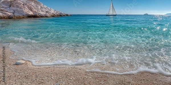 Fototapeta Sailing Boat on Serene Sea Beach Coastal Rocks and Clear Turquoise Waters Under the Azure Sky