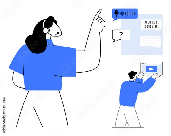 Fototapeta Woman gesturing at soundwave and digital interface icons, man holding play screen. Ideal for tech, communication, collaboration, learning, data, user experience, and simple landing page