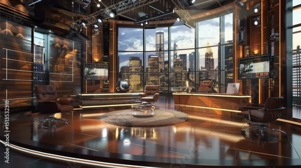Fototapeta Television Studio Set with Cityscape Backdrop for News Program or Talk Show Production Scene