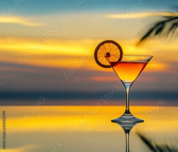 Fototapeta Refreshing Cocktail with Orange Slice Against a Vivid Sunset in a Tropical Paradise Setting