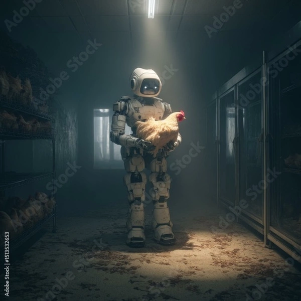 Fototapeta Robot Holds Chicken in Industrial Interior with Wire Mesh and Refrigeration Units for Processing