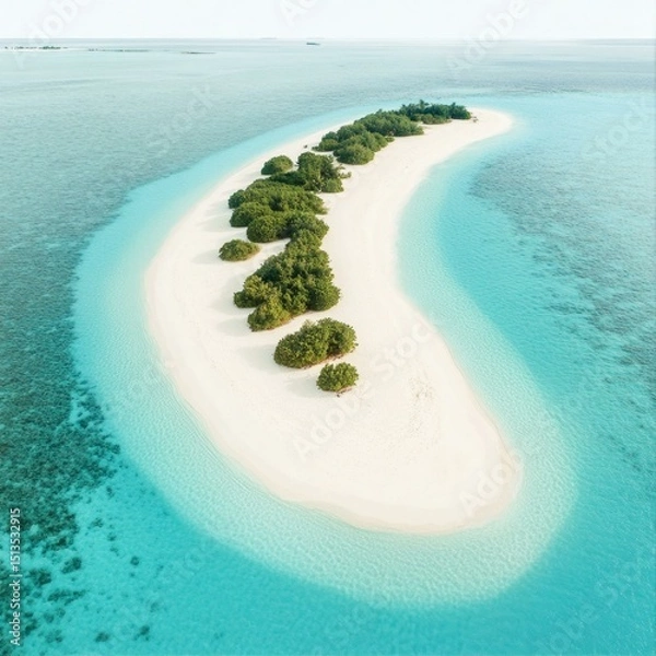 Fototapeta Serene Tropical Island Oasis With White Sandbar Surrounded by Clear Turquoise Ocean Waterscape