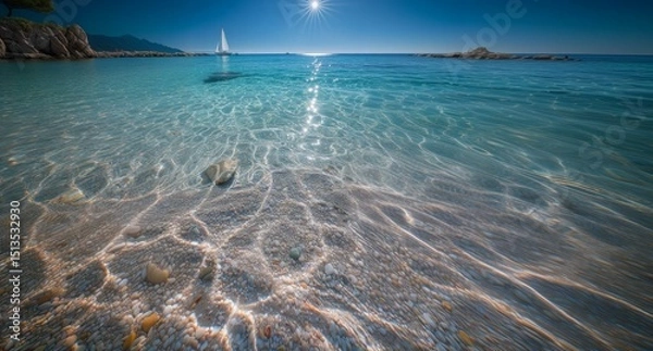 Fototapeta Serene Shores Clear Waters and a Distant Sailboat Under a Bright Sun Coastal Calmness and Clarity
